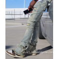 Custom Acid Wash Distressed Flare Stacked Jeans Pants